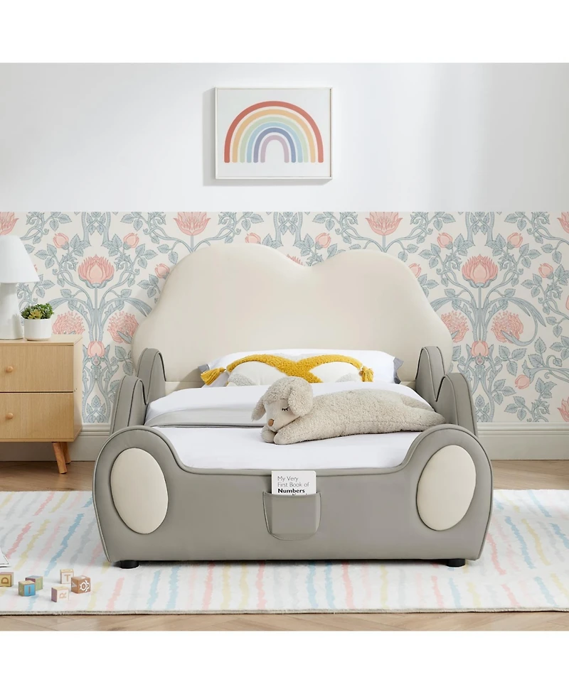 Rainsken Twin Cute Cloud Floor Bed Frame, with Safety Guardrails Beds and Bed-End Storage Pocket, Shape Pu Leather Kids Bed, for 3+