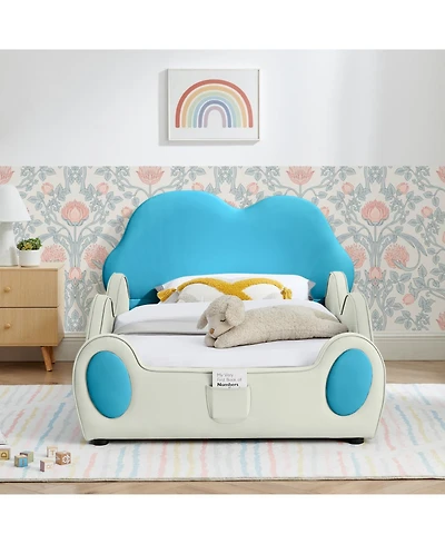 Rainsken Twin Cute Cloud Floor Bed Frame, with Safety Guardrails Floor Beds and Bed-End Storage Pocket, Shape Pu Leather Kids Bed, for 3+ Kids