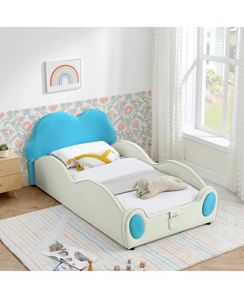 Rainsken Twin Cute Cloud Floor Bed Frame, with Safety Guardrails Floor Beds and Bed-End Storage Pocket, Shape Pu Leather Kids Bed, for 3+ Kids