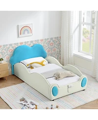 Rainsken Twin Cute Cloud Floor Bed Frame, with Safety Guardrails Floor Beds and Bed-End Storage Pocket, Shape Pu Leather Kids Bed, for 3+ Kids