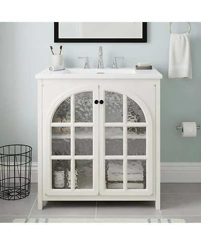 Sillysis 31 Inch Vintage Bathroom Vanity with Ceramic Sink, Farmhouse Cabinet Tempered Glass Doors and Soft-Close Storage