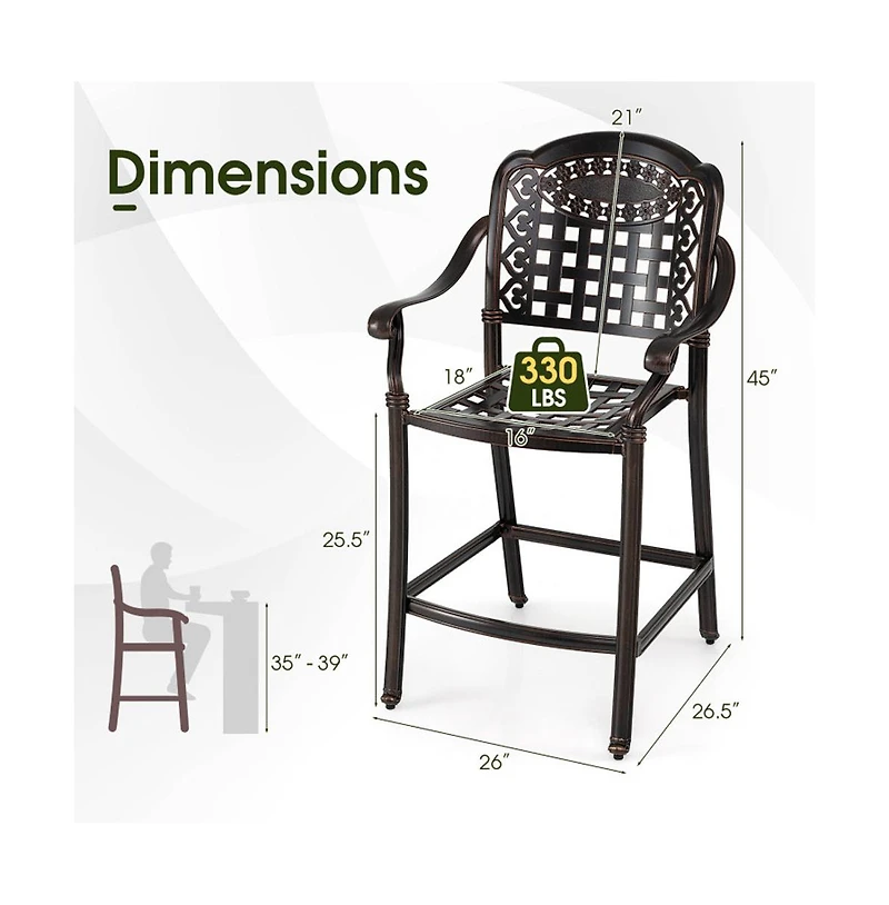 Boyel Living Set of 2 Outdoor Bar Stool 25.5 Inch Counter Height Cast Aluminum Bar Chairs-Copper