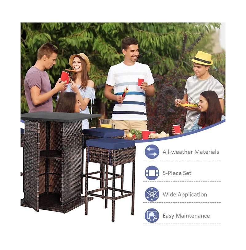 Boyel Living 5 Pieces Patio Rattan Bar Table Stool Set Hidden Storage Shelf Cushioned