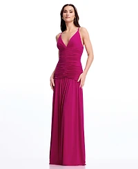 Dress the Population Women's Sleeveless Deep V-Neck Ruched Maxi