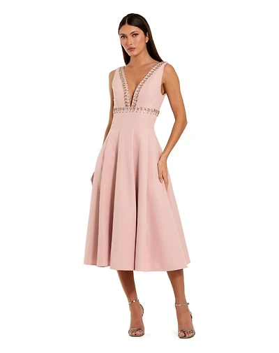 Mac Duggal Women's Rhinestone Embellished Crepe A Line Midi Dress