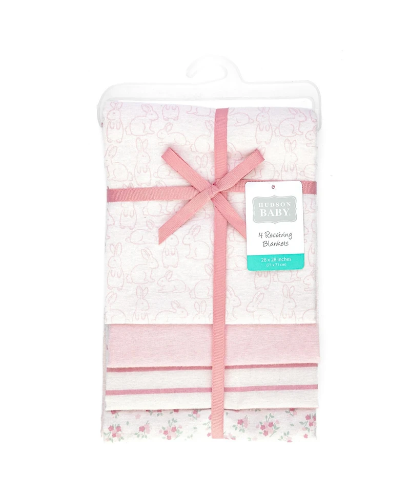 Hudson Baby Girl Cotton Poly Flannel Receiving Blankets 4-Pack, Wispy Wild Flower Bunny, One Size