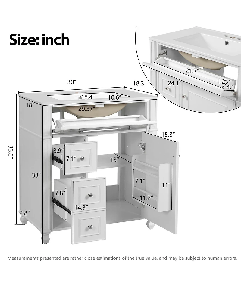 Sillysis Modern Bathroom Vanity with Sink, French Style Cabinet, Soft Close Drawers and Adjustable Storage for Small Spaces