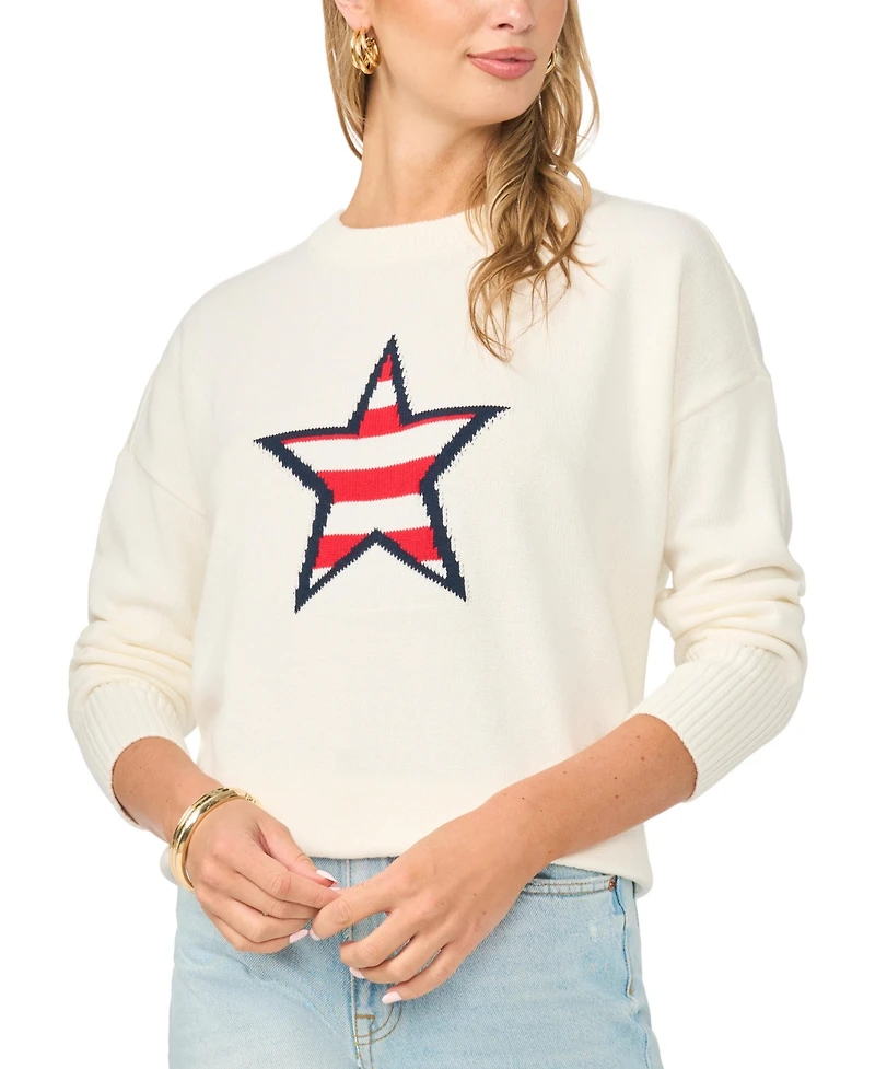 Vince Camuto Women's Star Stripes Motif Crewneck Sweater