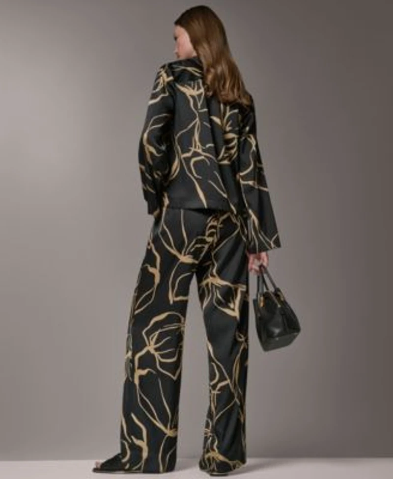 Donna Karan New York Petite Long Sleeve Collared Neck Top Printed Wide Leg Pants