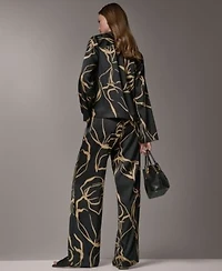 Donna Karan New York Petite Long Sleeve Collared Neck Top Printed Wide Leg Pants