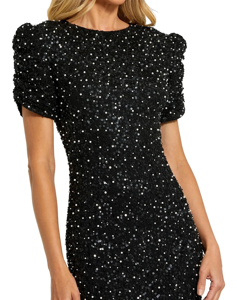 Mac Duggal Petite Embellished Mesh High Neck Puff Sleeve Gown
