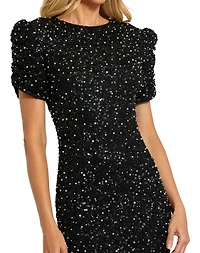 Mac Duggal Petite Embellished Mesh High Neck Puff Sleeve Gown