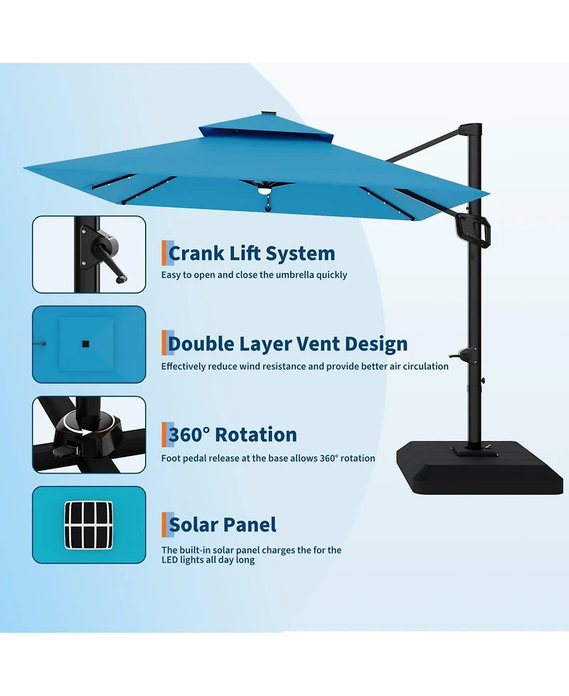 gaomon 10 ft 360degree(s) Rotation Solar Lights Cantilever Patio Umbrella with Base Included for Backyard