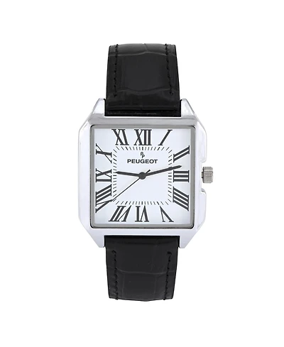 Peugeot Men's White Dial Square Vintage Dress Watch with Roman Numeral Dial and Black Leather Strap