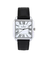 Peugeot Men's White Dial Square Vintage Dress Watch with Roman Numeral Dial and Black Leather Strap