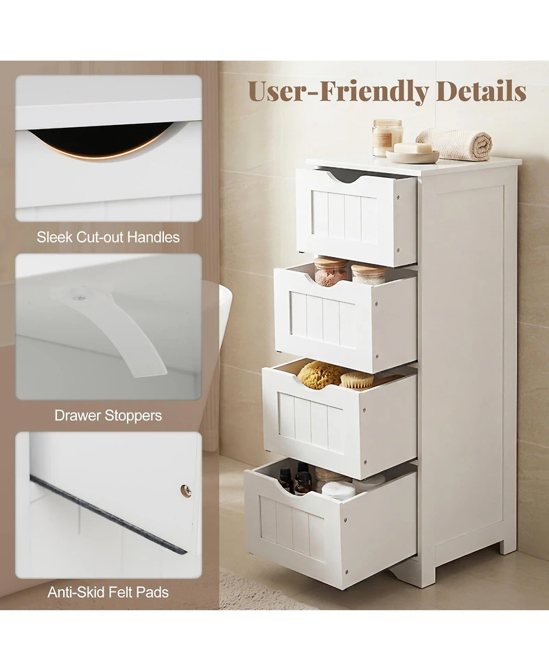 Gymax Bathroom Floor Cabinet Freestanding Narrow Side Storage Organizer w/ 4 Drawers