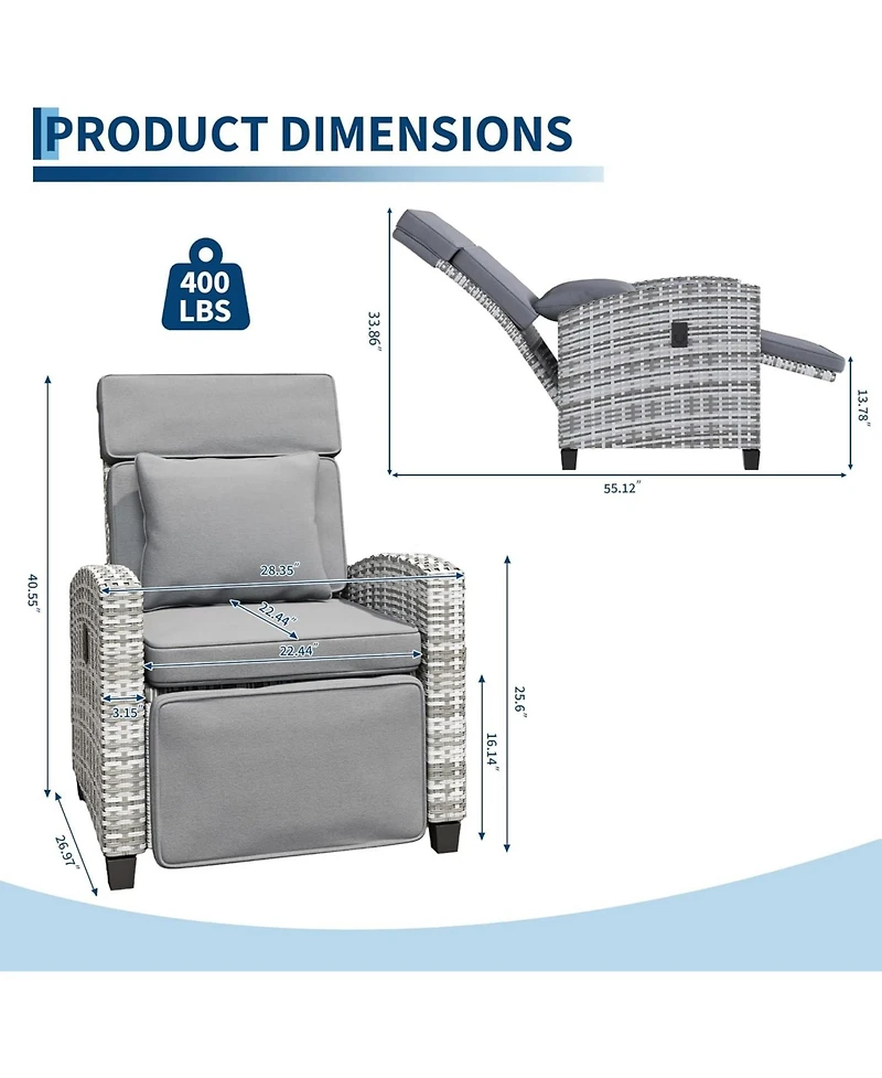 GarveeLife Outdoor Wicker Recliner Chair with 145degree(s) Adjustable Backrest and Footrest, Flip-Up Side Table, Removable Cushion