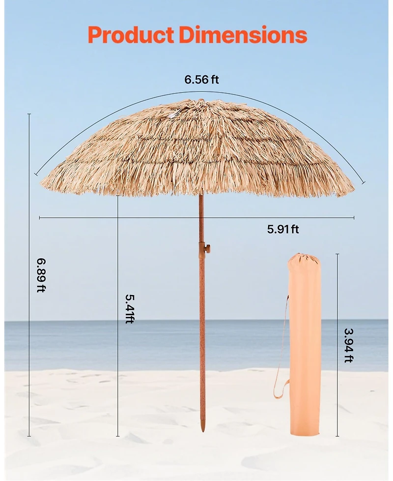 Mecale 6.5 ft Tiki Patio Umbrella with Tilt, Thatched Beach Parasol with Pp Thatch and 8 Metal Ribs, for Patio Poolside Backyard