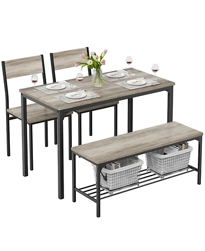 Yiortwo 4-Piece Dining Table Set with Bench, 2 Chairs and Storage Shelf