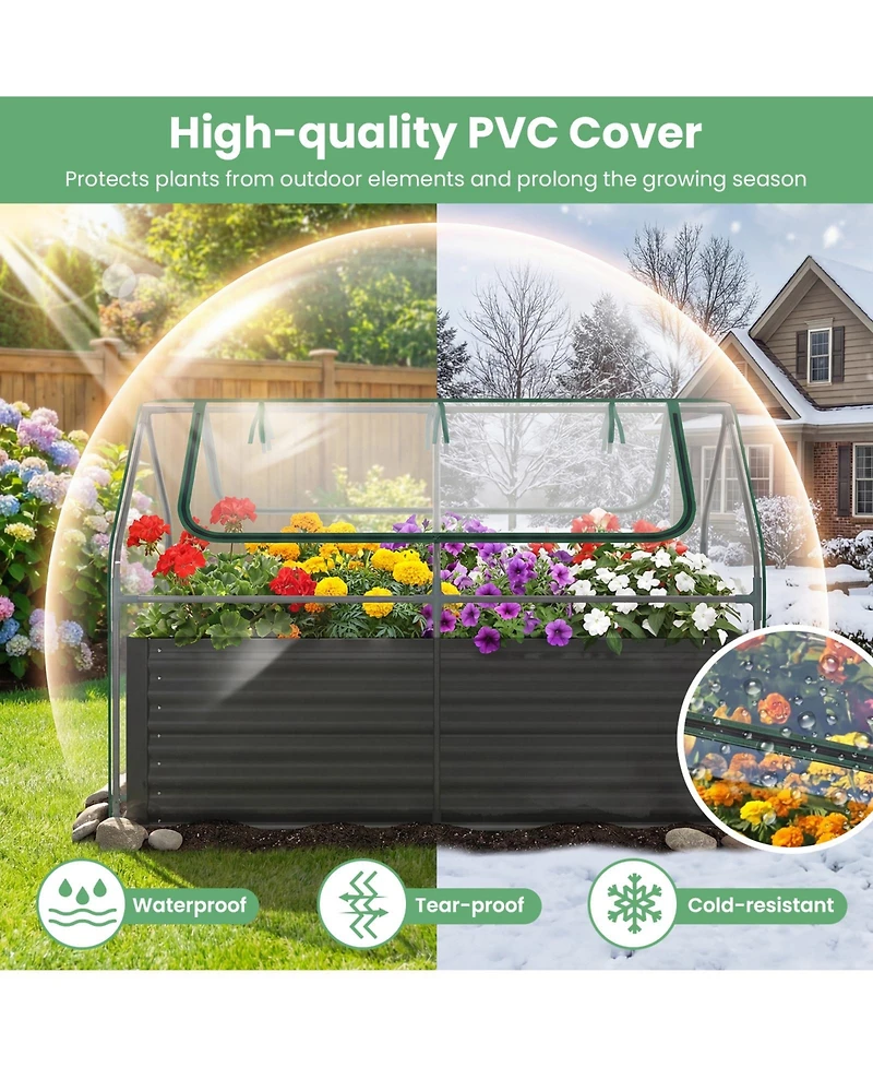 Gymax Galvanized Raised Garden Bed w/ Cover Planter Box Mini Greenhouse Sliver and Clear