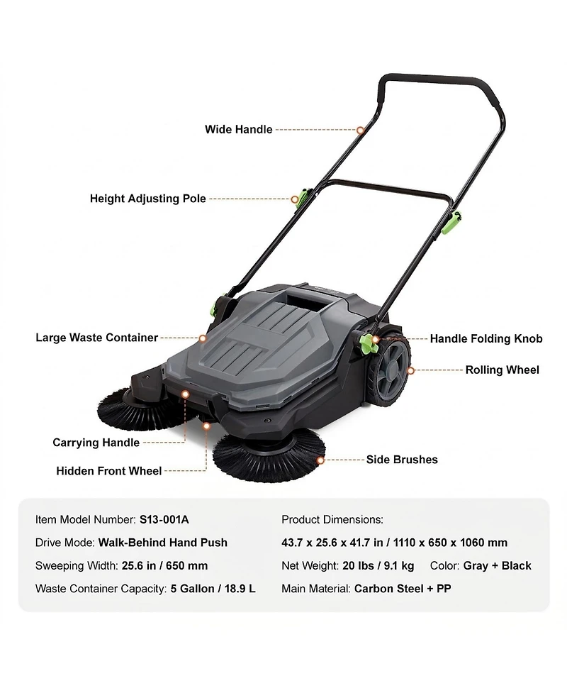 Sugift Walk-behind Hand Push Floor Sweeper, 25.6 inch Sweeping Width, Manual, Adjustable