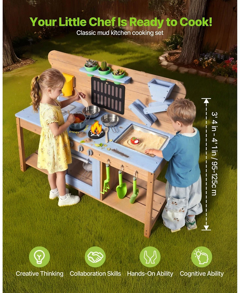 Mecale Wooden Outdoor Mud Kitchen with Double Sinks for Kids, Ages 3