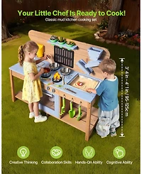 Mecale Wooden Outdoor Mud Kitchen with Double Sinks for Kids, Ages 3