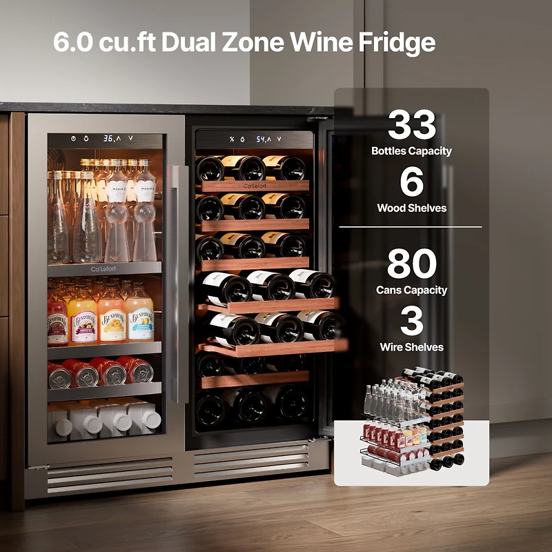 Ca'Lefort 30-inch Wine Beverage Refrigerator, 80 Can and 33 Bottle,Dual Zone, Stainless Steel French Door,for home bar