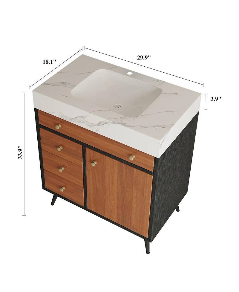 Sillysis 30 Inch Walnut Freestanding Bathroom Vanity with Sintered Stone Top, Modern Ceramic Sink, Gold Metal Legs, Storage Drawer