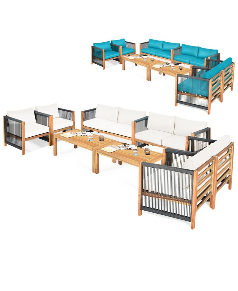 Gouun 4-Piece Outdoor Acacia Wood Patio Conversation Set with Loveseat, 2 Armchairs and Coffee Table