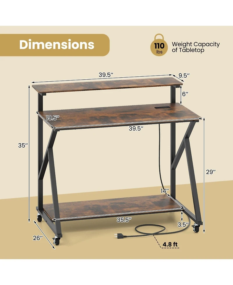 Mecale Rolling Computer Desk with Charging Station and Monitor Shelf, Home Office Storage Desk