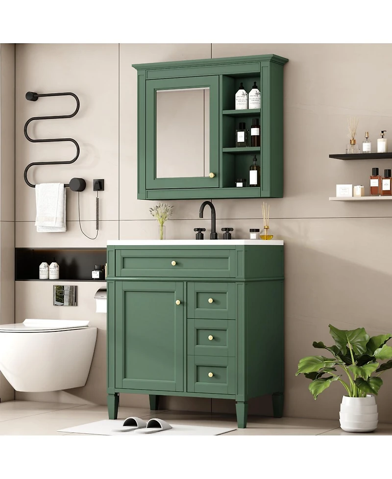 Sillysis 30 Inch Modern Bathroom Vanity with Mirror Cabinet, Solid Wood and Mdf, Ceramic Sink, Ample Storage for Home Bath