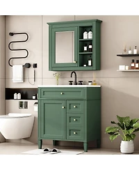 Sillysis 30 Inch Modern Bathroom Vanity with Mirror Cabinet, Solid Wood and Mdf, Ceramic Sink, Ample Storage for Home Bath