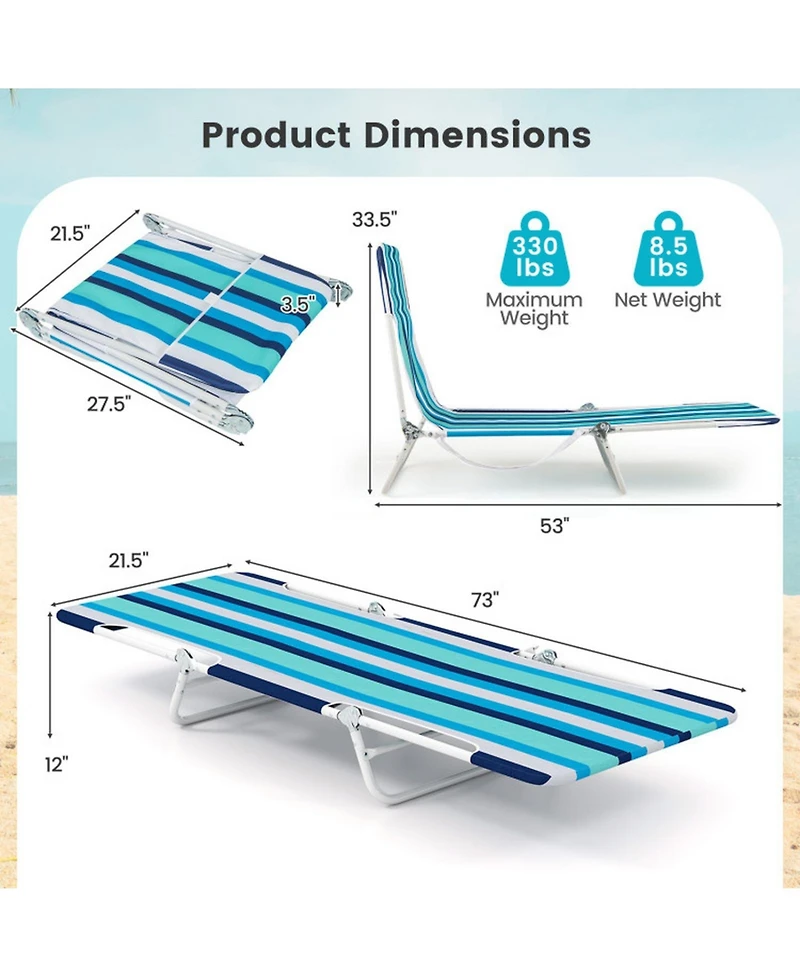 Sugift 2 Pieces 5-Position Lay Flat Beach Recliner with Carry Strap and Metal Frame