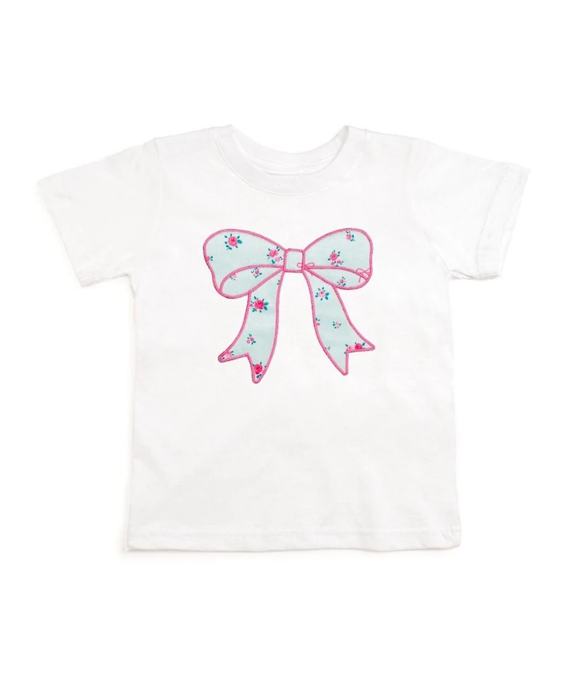 Sweet Wink Little Girls Sky Blue Floral Bow Patch Short Sleeve T-Shirt