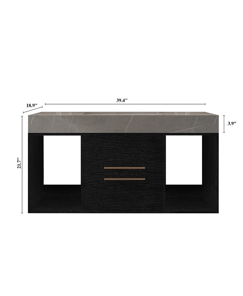 Sillysis Wall Mounted Bathroom Vanity with Faux Marble Top and Ceramic Sink, Open Shelf Plywood Cabinet