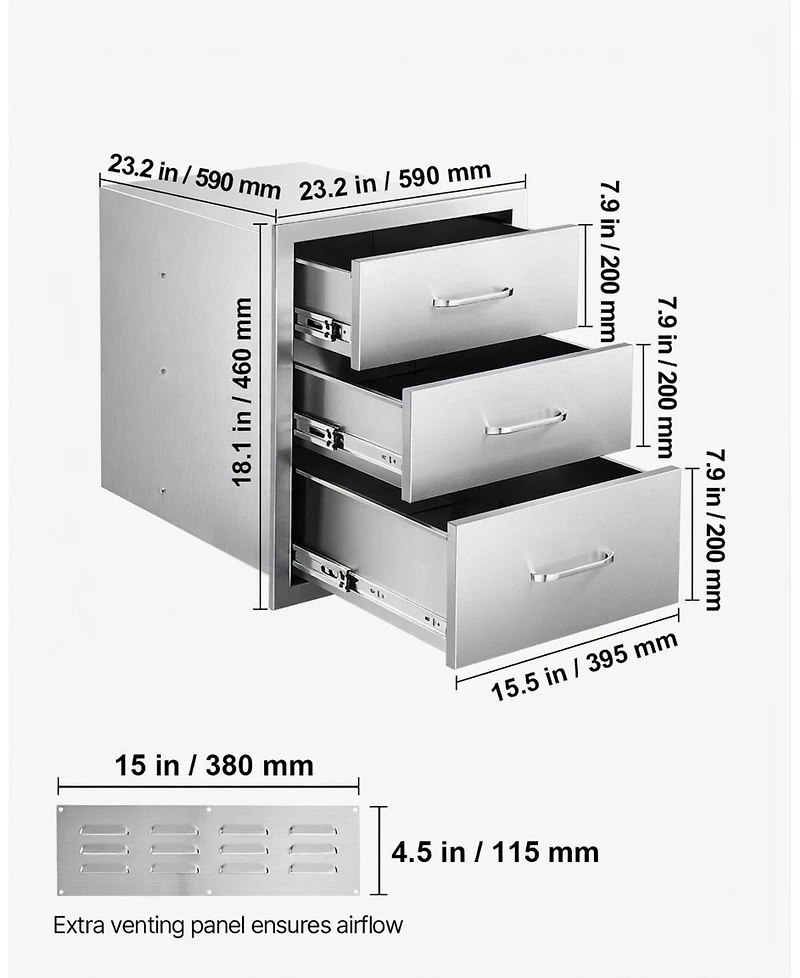 Sugift Triple-Access Stainless Steel Outdoor Kitchen Drawers 18.11in W x 23.23in D x 23.23in H