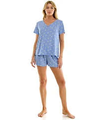 Jaclyn Intimates Women's V-Neck Henley Top and Flared Pajama Shorts, 2-Piece Set