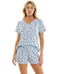 Jaclyn Intimates Women's V-Neck Henley Top and Flared Pajama Shorts, 2-Piece Set