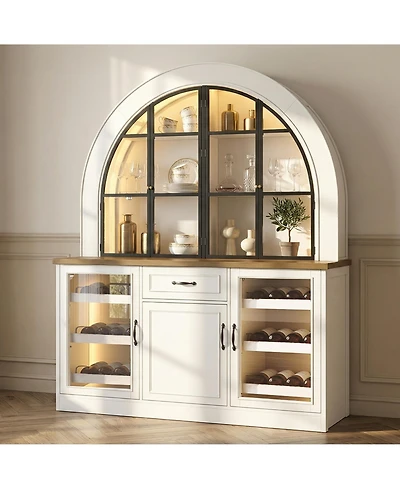 Homsee Wine Cabinet with Bluetooth Led Lighting - Farmhouse Hutch with Adjustable Shelves & Dual Wine Racks |Storage Cabinet