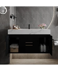 Sillysis Wall Mounted Bathroom Vanity with Faux Marble Top, Soft Close Drawers, Seamless Ceramic Sink, Black Plywood Cabinet