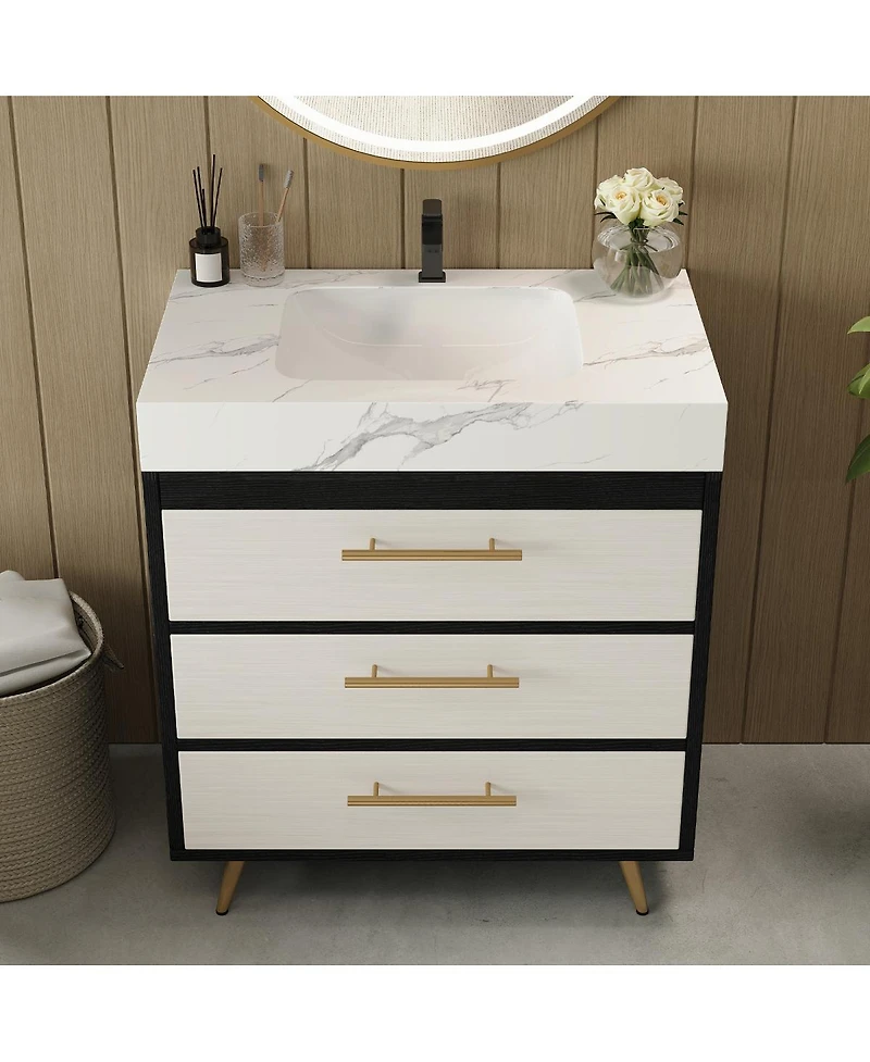 Sillysis Walnut Freestanding Bathroom Vanity with Sintered Stone Top, Ceramic Sink, Tilt-Out and Soft-Close Drawers