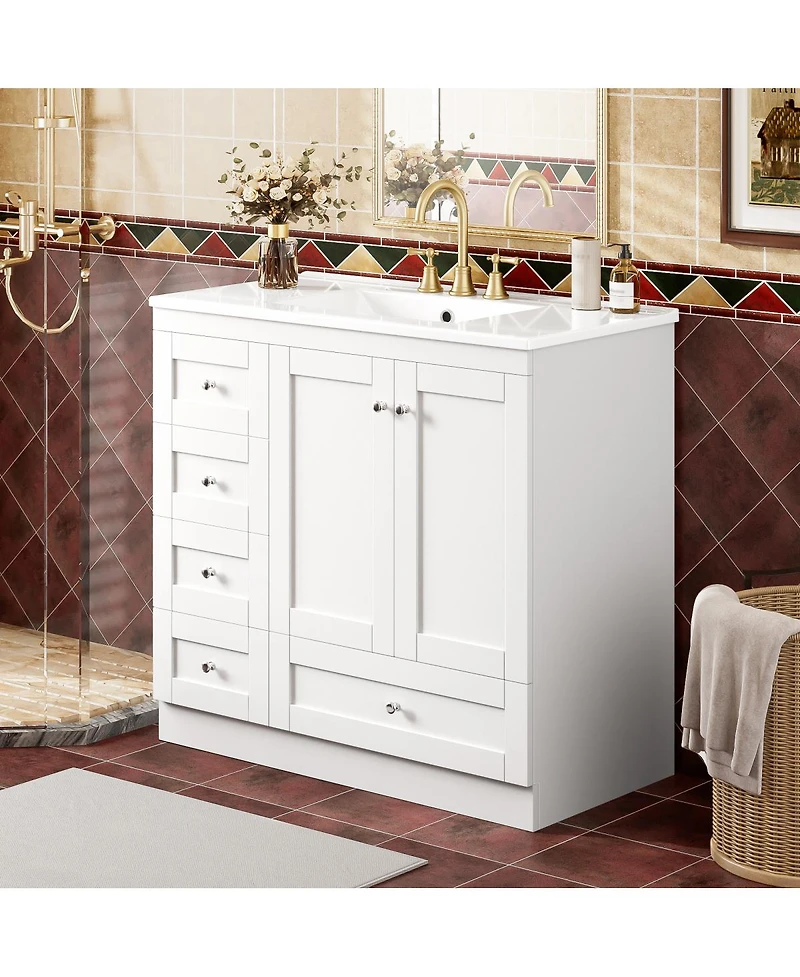 Sillysis Modern Bathroom Vanity with Ceramic Sink, Freestanding Mdf Cabinet, Soft Close Drawers for Small Spaces