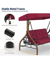 GarveeLife 3 Seat Outdoor Porch Swing with Adjustable Canopy Convertible Patio Swing Bed with Stand Thick Cushions and Cup Holders Weather Resistant
