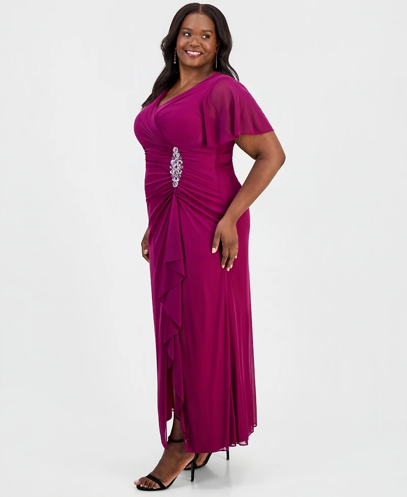 Alex Evenings Plus Flutter-Sleeve Embellished-Trim Gown
