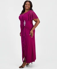 Alex Evenings Plus Flutter-Sleeve Embellished-Trim Gown