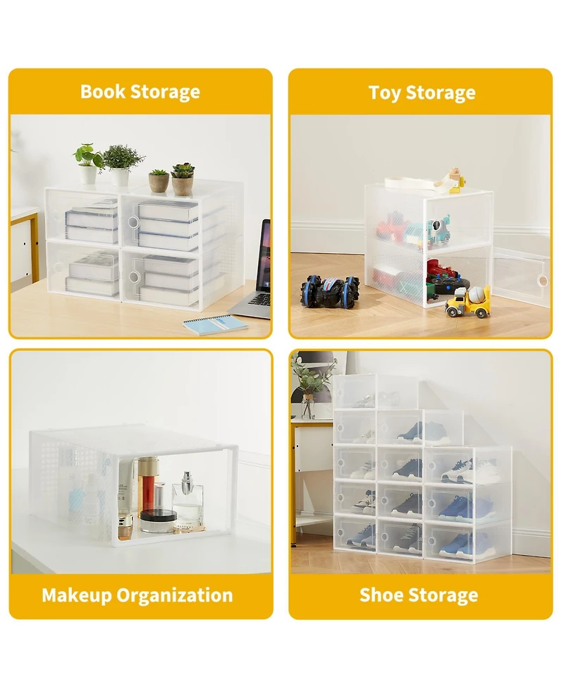 homfan 12Pcs Clear Collapsible Shoe Storage Boxes - Stackable Transparent Organizer Bins for Closet, Home, and Shoes - Space-Saving