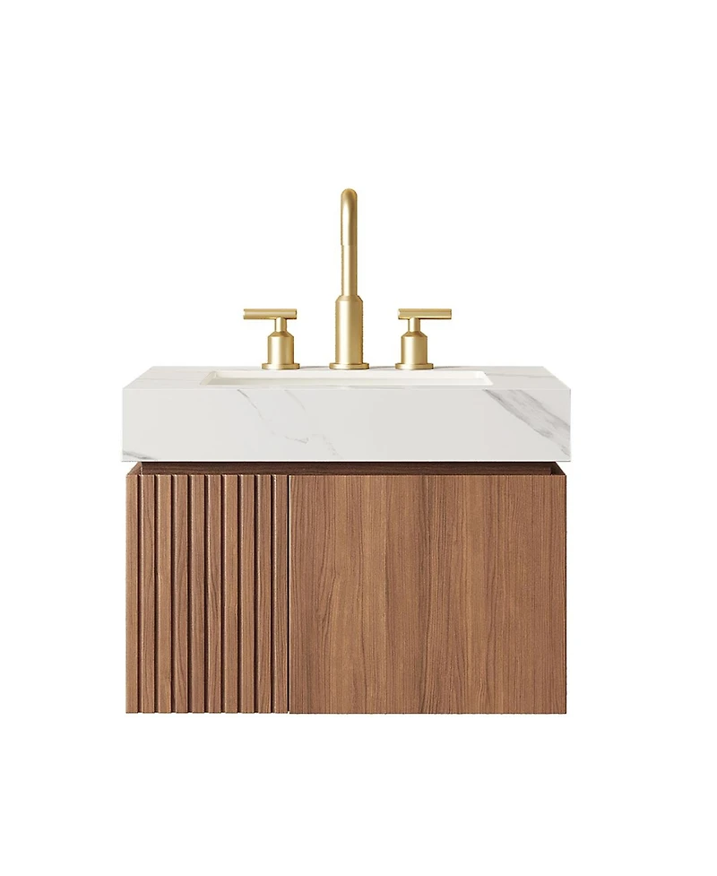 Sillysis Wall Mounted Bathroom Vanity, Carrara Sintered Stone Top, 3-Hole Ceramic Sink, Soft Close Cabinet