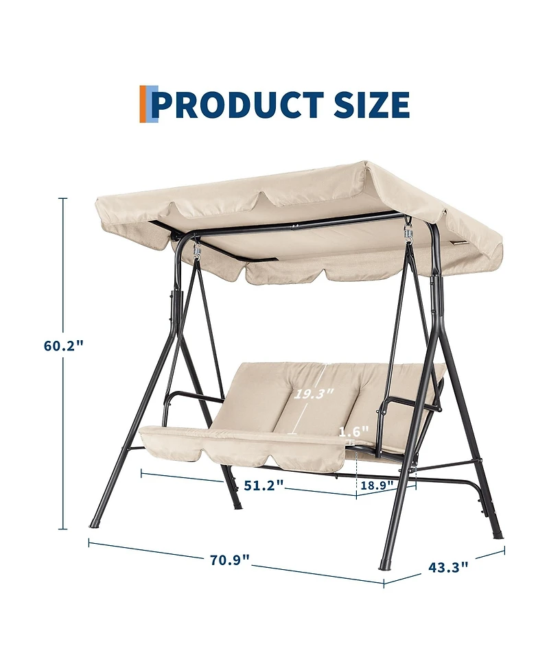 GarveeLife Outdoor Porch Swing with Adjustable Canopy, 3-Seat Patio Chair Stand Heavy Duty Metal Frame for Garden