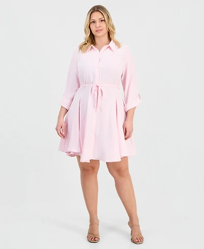 Full Circle Trends Trendy Plus 3/4-Sleeve Belted Godet Shirtdress